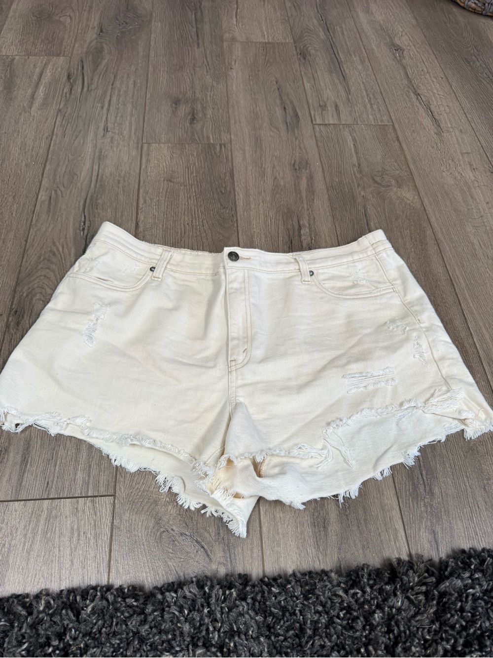 aerie cream Distressed High-Rise Denim Shorts